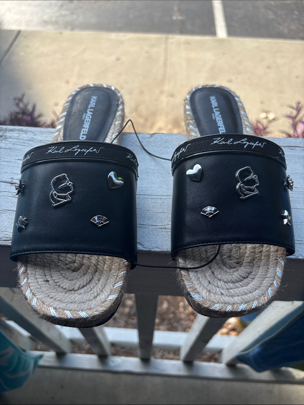 Karl Lagerfeld Black and Tan Espadrille Slide Sandals